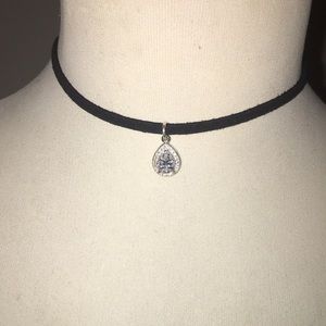 Anne Klein black leather teardrop choker necklace